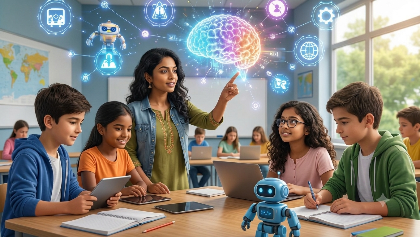 A teacher and students exploring AI literacy in the classroom
